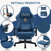 Sedia da gaming con poggiapiedi, in similpelle scamosciata traspirante, regolabile in altezza con pistone a gas, girevole, 70x70x135 cm, Blu(m-5)