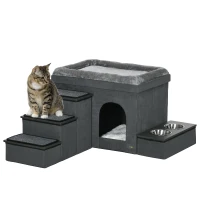 PawHut Kattenhuis Kattenhut Kattenhol, 3 huisdiertrappen, 2 voerbakken, 70 x 50 x 51 cm, Grijs(m-11)