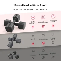 5‑en‑1 ensemble d'haltères réglable (2 pièces), verrouillage double, poignée souple en TPU, 29,5x24,5x13 cm, gris(m-1)