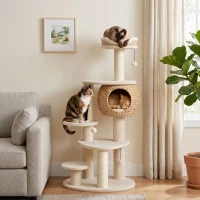 PawHut Grote krabpaal van 132 cm met handgevlochten kattenhuis van lisdodde, sisalpalen, ligbed, 3 speelballen en anti-kantelband, voor 1-2 katten tot 6 kg(m-2)
