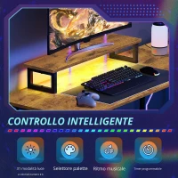 Scrivania angolare a L con illuminazione LED, rialzo per monitor + gancio per cuffie, 142x118x87,5 cm, Marrone(m-5)