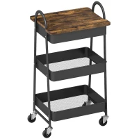 HOMCOM 3-Tier Kitchen Storage Trolley with on Wheels Cover Top Board - Rustic Brown and Black(m-1)