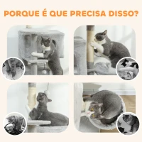 PawHut Arranhador para Gatos com Múltiplas Plataformas Cama 2 Cavernas Rede Escada Postes de Sisal 48x48x140 cm Cinzento Claro(m-8)