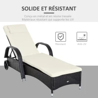 Outsunny Transat bain de soleil grand confort : matelas, têtière, inclinaison réglable multipositions, accoudoirs, roulettes résine tressée marron foncé(m-4)