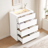 HOMCOM High Gloss 4 Drawer Chest of Drawers with Glass Top and RGB LED Lights, Dresser with Jewelry Organizer, APP Control(m-8)