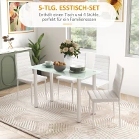 HOMCOM 5-delige Eetkamerset met Eettafel en 4 Stoelen, Modern Design, Glazen Tafel, Wit(m-4)