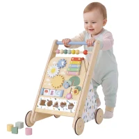 AIYAPLAY Houten Baby Loopwagen met Instelbare Wielsnelheid en Bouwblokken, voor Peuters vanaf 18 Maanden(m-15)