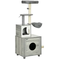 PawHut Enclosed Cat Litter Box with Cat House, Cat Bed, Scratching Posts, Platforms, for Indoor Cats - Grey(m-1)