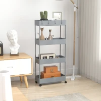 HOMCOM Keukenwagen met 4 Schappen, 4 Flexibele Haken, 4 Wielen, 40 cm x 19 cm x 90 cm, Niswagen, Grijs(m-7)
