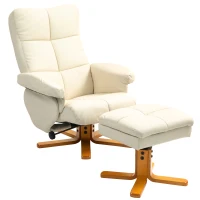 HOMCOM Relaxfauteuil met Hocker, 145° Kantelbare Rugleuning, 360° Draaibaar, Kunstleer, Crèmewit(m-1)