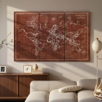 HOMCOM Cuadros en Lienzo Trípticos Mapamundi Vintage a Mano 120x60 cm con Marco de Madera Decoración para Dormitorio Marrón(m-8)
