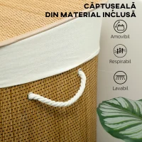 HOMCOM Coș pentru Rufe din Bambus cu Capac, 144L, 3 Compartimente, Sac Detașabil și Lavabil, Mânere, Maro(m-7)