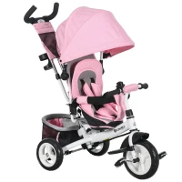 HOMCOM Triciclo per Bambini 1-5 Anni con Maniglione e Tettuccio Regolabile, 102x49x102 cm, Bianco e Rosa(m-1)