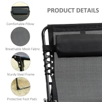 Outsunny Portable Sun Lounger Set of 2, Folding Camping Bed Cot, Reclining Lounge Chair 5-position Adjustable Backrest with Side Pocket, Pillow for Patio Garden Beach Pool, Black(m-5)