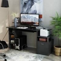 HOMCOM Mesa de Escritorio con 6 Estantes Cajón Bandeja de Teclado y Soportes para Monitor Impresora 152x60x88 cm Negro(m-7)