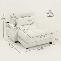 HOMCOM Slaapbank met kussen, schuimvulling, om te bouwen tot bed, bekerhouder, crèmewit(m-3)
