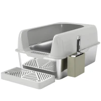 PawHut Lădiță pentru pisici cu treaptă, lopățică și cutie de depozitare, din inox și ABS, 60,2x40,6x29 cm, gri deschis(m-1)