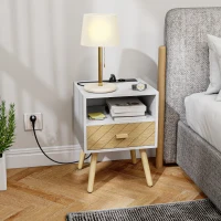 HOMCOM Mesilla de Noche con Estación de Carga Cajón 2 Tomas AC Puerto USB Tipo-C Compartimento Abierto Patas de Madera Blanco(m-2)