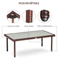 Outsunny Table basse de jardin plateau verre trempé 5 mm résine tressée imitation rotin marron(m-6)
