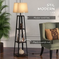 HOMCOM Lampă de Podea din Metal și MDF cu 3 Rafturi și Abajur din Material Textil, Ø42x166 cm, Negru și Bej(m-4)