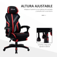 Vinsetto Silla Gaming con Reposapiés Retráctil Silla de Oficina Giratoria Reclinable con Reposacabezas y Altura Ajustable 65x65x119-129 cm Negro y Rojo(m-4)