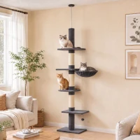 PawHut Plafondhoge krabpaal 225-255 cm, verstelbare kattenboom met 5 niveaus, 3 sisal krabpalen, hangmat en platformen(m-8)