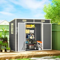 Outsunny Abri de jardin extérieur 2,4 x 1,3 m, en résine avec plancher, fenêtre, portes verrouillables et aérations, gris(m-10)