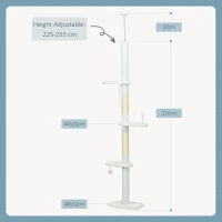 PawHut Albero per Gatti a Soffitto con Altezza Regolabile e Pali Tiragraffi in Sisal, 48x32x225-255 cm, Bianco(m-3)