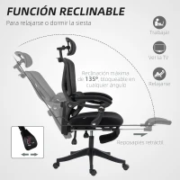 HOMCOM Silla de Escritorio de Malla Reclinable con Reposacabezas Soporte Lumbar Reposapiés y Altura Regulable Carga 135kg Negro(m-8)