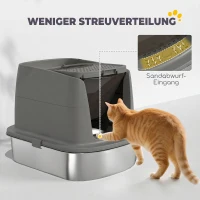 PawHut Grote roestvrijstalen kattenbak, gesloten kattenbak met metalen schep en deodoriser zakje, donkergrijs(m-6)