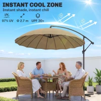 Outsunny 3(m) Cantilever Umbrella 18 Ribs & Vents Adjustable Angle for Patio Khaki(m-4)