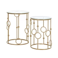 HOMCOM 2-delig Salontafelset, Bijzettafel met Glazen Blad, Woonkamer Tafel met Reifen- en Kogelontwerp Ø41 x 57 cm, Goud(m-8)