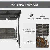Outsunny Balancín de Jardín Exterior de 3 Plazas con Toldo Ajustable Asiento de Ratán PE y Reposabrazos 167x112x153 cm Gris(m-4)