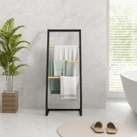 HOMCOM Portasciugamani a 4 Sbarre in Acciaio e Bambù, 40.5x28x98cm, Nero e color Legno(m-6)