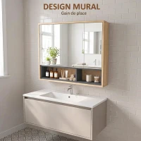 HOMCOM Meuble salle de bain avec miroir, armoire toilettes murale avec placards à 3 portes et 8 compartiments, chêne(m-6)