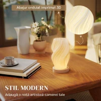 HOMCOM Lampă de masă ondulată cu 3 culori și port USB, din ABS și lemn de cauciuc, Ø12x20 cm, alb și culoare lemn(m-4)