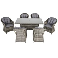 Outsunny 7Pz Set Tavolo e Sedie da Giardino in Rattan con Vetro Temperato da 5mm, Salottino di Lusso da Giardino con Foro per Ombrellone, Grigio(m-1)