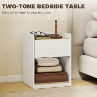 HOMCOM Modern Bedside Table, Slim Nightstand with Drawer, Shelf and Cable Holes, White and Oak(m-6)