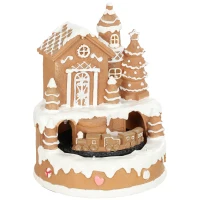 HOMCOM Christmas Gingerbread House, Lighted Musical Snow Village with Rotating Train, LEDs, Tunes, Battery Operated(m-1)
