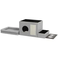 PawHut Kattenhuis, voerbak met 2 roestvrijstalen kommen, krabmat, zacht ligkussen, 78 x 48 x 49,5 cm, grijs(m-9)