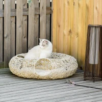 PawHut Cama para Gatos de Ratán 78x69x22 cm Cesta para Gatos Rolliza con Cojín Suave 3 Orificios de Acceso Túnel para Gatos Madera Natural(m-10)