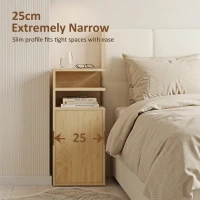 HOMCOM Slim Bedside Table Set of 2, Narrow Bedside Cabinet with Open Cubbies and Cupboard for Bedroom Living Room, Oak(m-4)