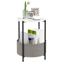 HOMCOM Ronde Bijzettafel met Stoffen Mand, 2-Laags Koffietafel voor Woonkamer, Slaapkamer, Kleine Ruimtes, Metaal, Grijs+Wit(m-9)