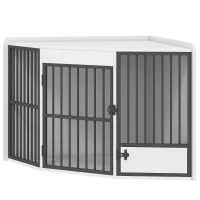 PawHut Hondenbox, Schuilbox voor Kleine en Middelgrote Honden, Huisdierbox met Voedingsdeur, MDF, Metaal, Wit(m-10)