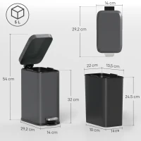 HOMCOM Metalen prullenbak, afvalbak, inhoud van 5 liter, met voetpedaal, met binnenemmer, grijs(m-3)