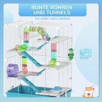PawHut hamsterkooi 6 verdiepingen, dierenkooi met metalen tralies, buizen, tunnels, huisje, loopwiel, voederbak, waterfles, hellingen, voor dwerghamsters en gerbils, 58 x 36 x 81 cm lichtblauw(m-5)