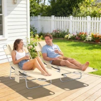 Outsunny 5-Position Adjustable Sun Loungers Set of 2 with Reading Hole and Side Pocket, Beige(m-2)