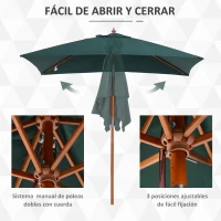 Outsunny Sombrilla Terraza Exterior 200x150 cm Sombrilla de Jardín Rectangular con Ángulo Ajustable Mástil de Madera y Manivela Parasol para Patio Terraza Verde(m-6)