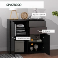 HOMCOM Credenza Moderna con 2 Armadietti e 2 Cassetti con Apertura a Pressione, 79x36x74cm, Nero Lucido(m-4)