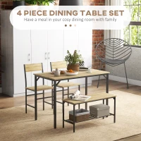HOMCOM Square Dining Set for 4 Persons, Table, Chairs and Bench Included, Natural Wood Effect(m-4)